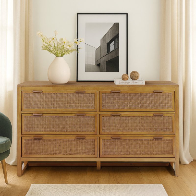 6-Drawer Double Dresser with Rattan Inlay Fronts and Faux Leather Pulls, Solid Wood Frame, Natural Modern Boho Storage