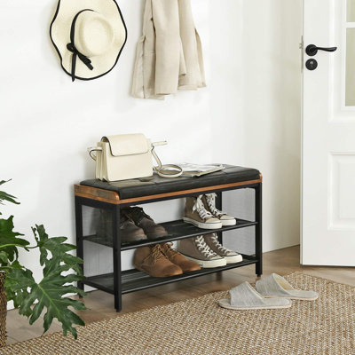 Banc à chaussures rustique avec siège rembourré et 2 tablettes en filet, L 31,5 po x l 11,8 po x H 18,9 po, mobilier de vestibule élégant