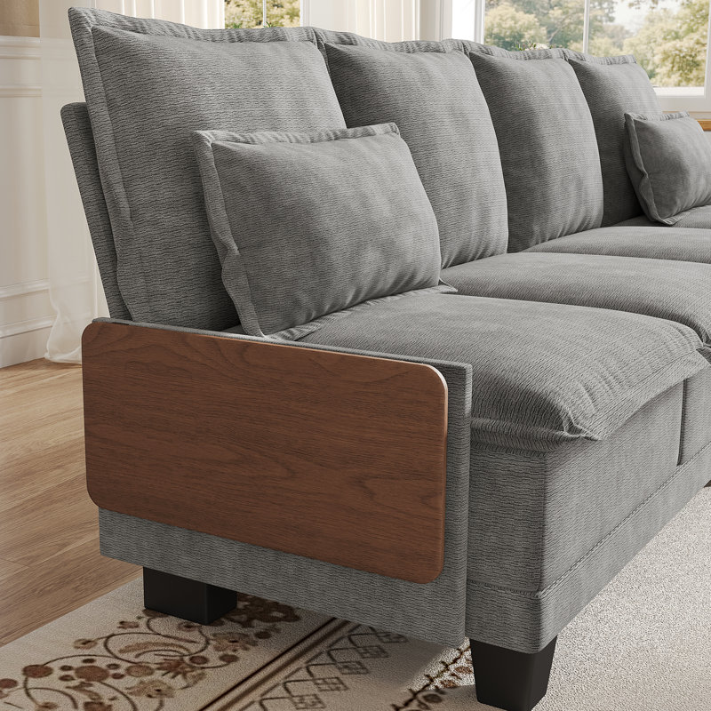 122" Waterproof Chenille Sofa with Collapsible Table, 4-Seat Sectional Upholstered Couch with Two Throw Pillows for Living Room, Apartment