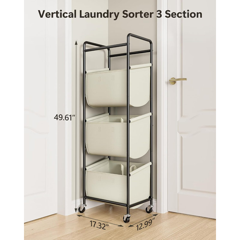 Vertical Laundry Sorter 3 Section With Removable Bag, Laundry Hamper With Wheels, 120 L Rolling Laundry Baskets Organizer For Bathroom, Apartment, Dorm Room