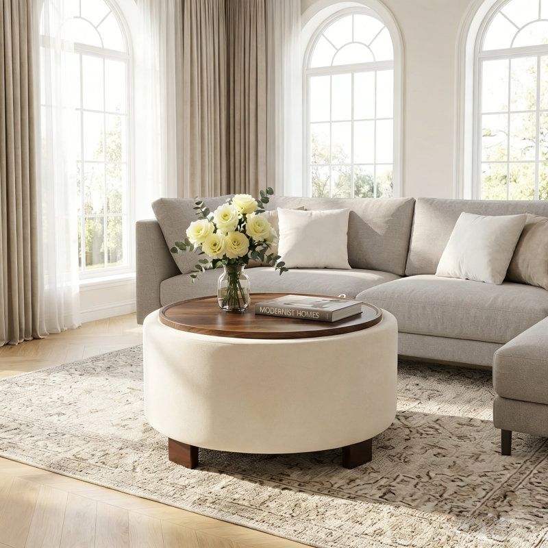 30" W Upholstered Round Storage Ottoman Coffee Table with Wood Legs, White