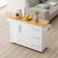 Chariot pour îlot de cuisine blanc 43 po avec plateau en bois massif pliable, 3 tiroirs, armoire à 2 portes, porte-épices et serviettes, roues verrouillables