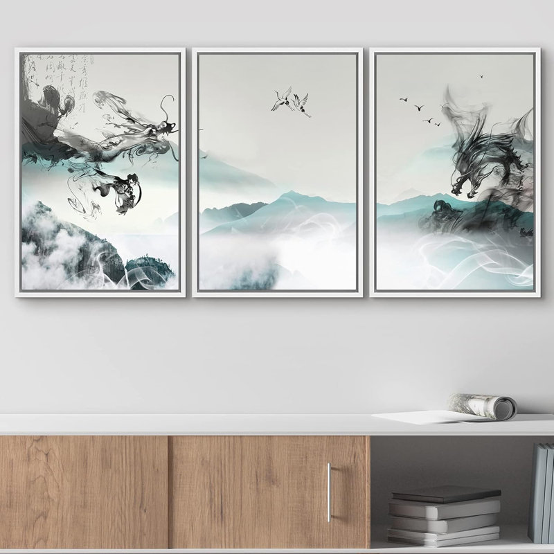 Peinture murale chinoise à l'encre de chine, montagnes parmi la brume avec soleil rouge levant, décoration murale moderne