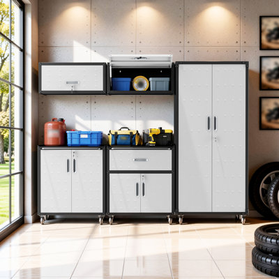 5-Piece Garage Storage Systems Set, Metal Garage Storage Cabinets with Wheels, 2 Wall Mounted Cabinets + Rolling Cabinets + Tall Pegboard Cabinet, Lockable Tool Chest Organizer