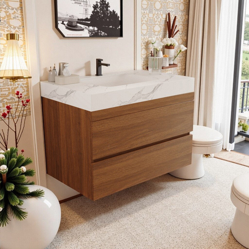 Meuble-lavabo flottant avec comptoir en faux marbre 29,9 po Lustra, Blanc / gris clair, Brun