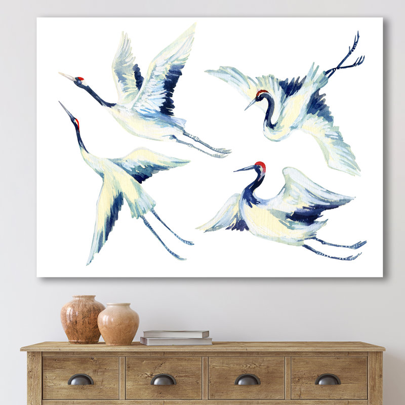 Asian Crane Bird Impression - peinture sur toile, H 12 po x l 20 po x p 1 po, Toile tendue