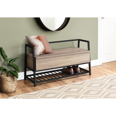 Banc de rangement moderne avec rangement, 42 po de longueur, stratifié brun, plateau en métal noir 42 po rectangulaire, taupe