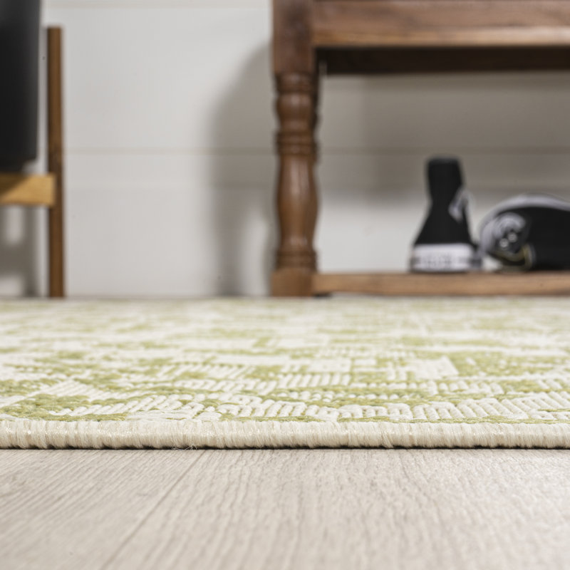 Truman Bohemian Medallion Textured Weave Cream/Green Indoor/Outdoor Rug, Runner 2'2" x 8'