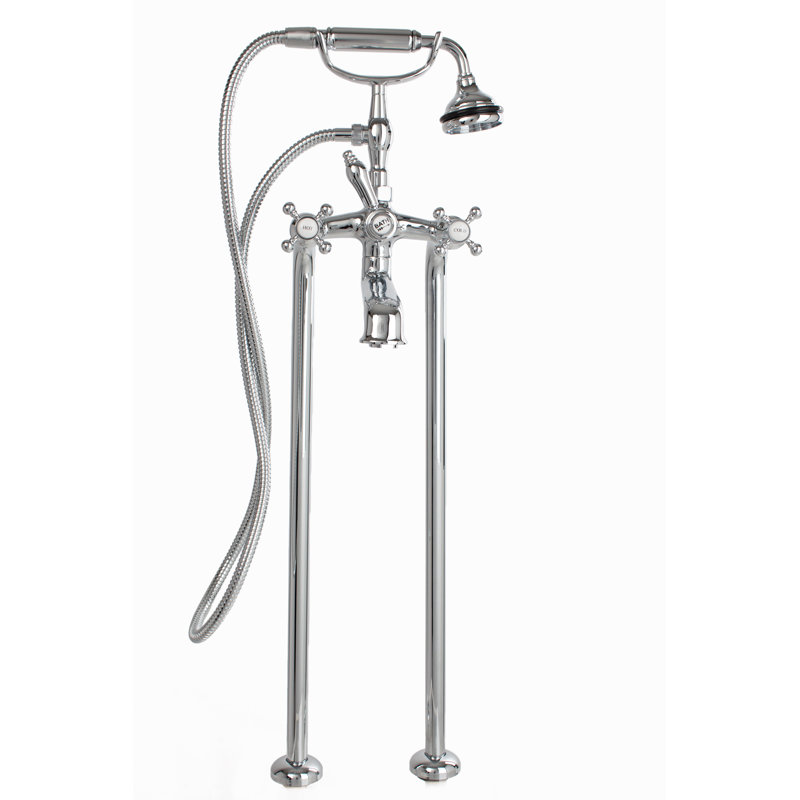 Robinet de baignoire à fixation sur le plancher à poignées doubles avec inverseur et douche à main à pattes, Nickel brossé