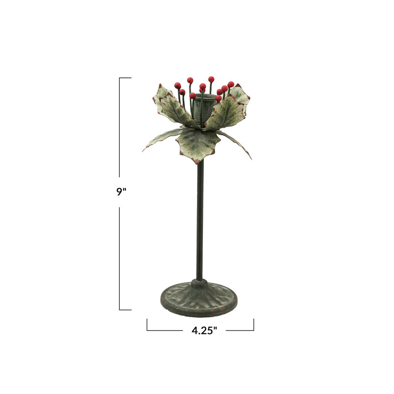 Holly Leaf Painted Iron Taper Holder