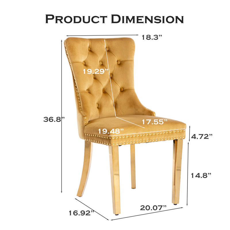 Chaise de salle à manger en velours avec anneau à dossier et pieds en bois massif, 2, Doré, Doré