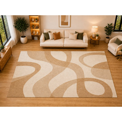 Tapis ultra-léger de 200 x 300 cm (6'7" x 9'10") à boucles ondulées, idéal pour le salon, la chambre ou la salle à manger. Doux et à poils courts, envers antidérapant, couleur ivoire camel.