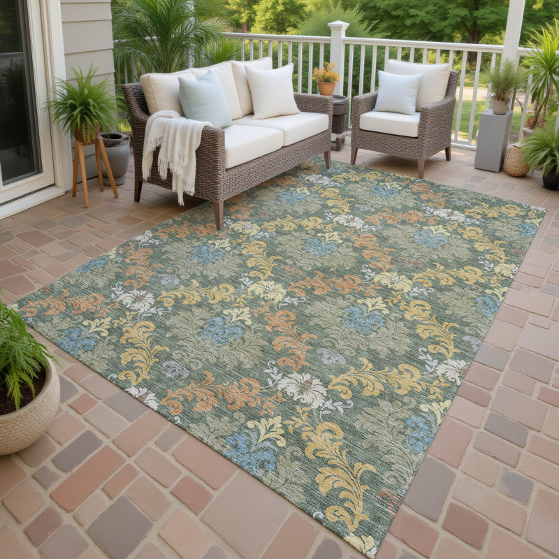 Machine Washable Indoor/Outdoor Chantille ACN2544 Damask Rug, Basil, 10' x 14'