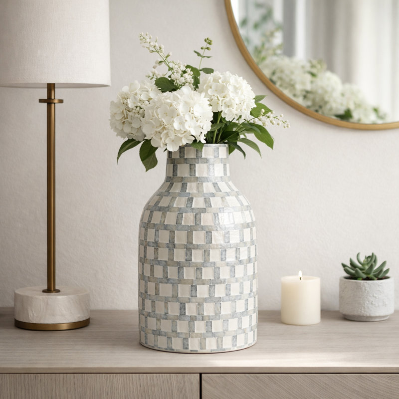 Mosaic Capiz Vase With Checkered Pattern For Home Decor - Decorative Tall Flower Vase For Table Centerpiece Or Shlef Accent - Ivory & Gray