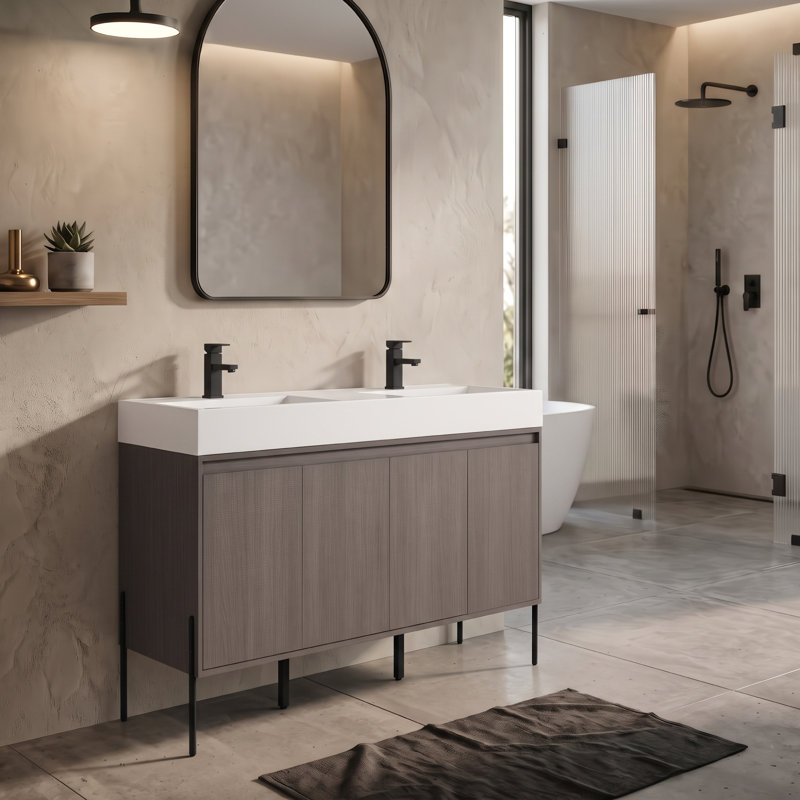 FINE FIXTURES Crownpoint 60" Floor-Standing Double Bathroom Vanity with White Sinks in Gray Oak, White, Gray Oak