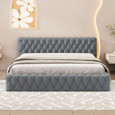 Velvet Upholstered Platform Bed, With Luxurious Diamond Grid Headboard