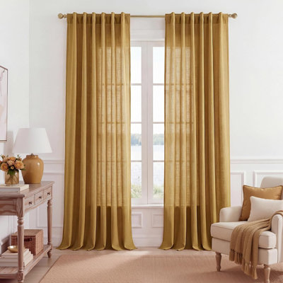 Rideaux en lin pour le salon, passe-tringle en lin lin épais et passe-tringle avec filtre à lumière, panneaux de fenêtre de style campagnard rustique de 96 po de long, 55 po de large, brun doré, 2 panneaux