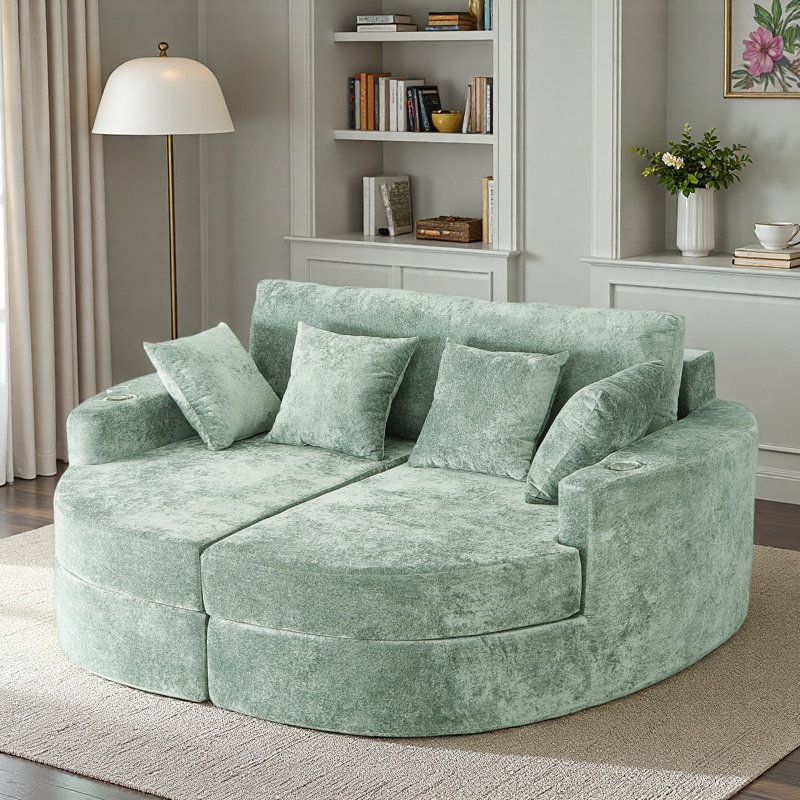 Méridienne courbée entièrement compressée avec 4 coussins décoratifs et 2 porte-gobelets, Vert