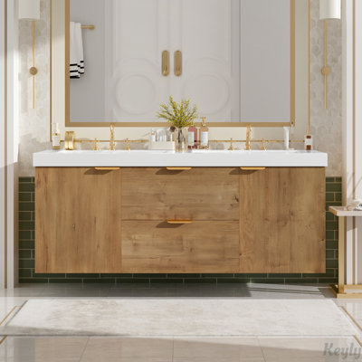 Meuble-lavabo double 59,3 po avec comptoir en SMC, armoire en panneau de fibres à densité moyenne, portes à fermeture en douceur, tiroirs divisés et meuble-lavabo mural moderne pour les grandes salles de bain