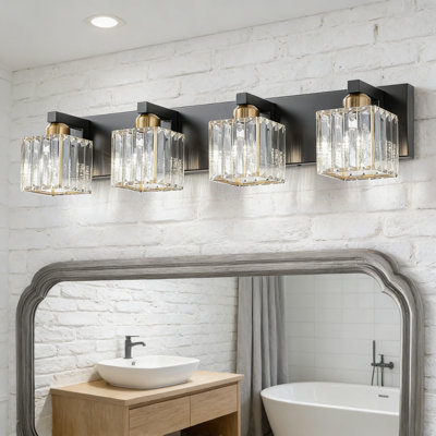 Luminaire de meuble-lavabo moderne en cristal noir et or avec abat-jour carré - applique murale à 4 lumières à intensité variable pour miroir