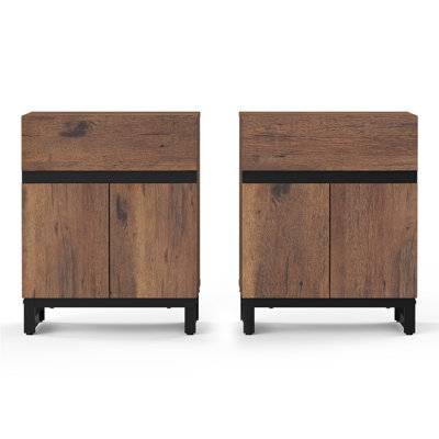 Nellie 2 Pack Modern End Table With 2 Drawers, Farmhouse Sofa Table With Black Square Leg, Wood Rustic Side End Table For Living Room, Nighstand For B by Latitude Run
