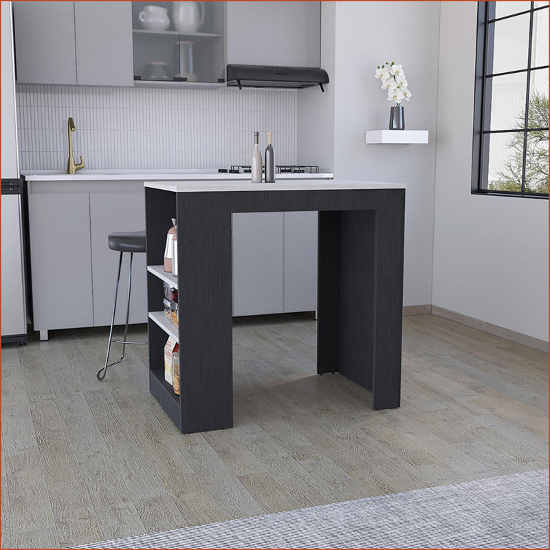 Îlot de cuisine avec 3 tablettes latérales, l 36,2 po x P 23,2 po | Moderne | Bois d'ingénierie, Noir