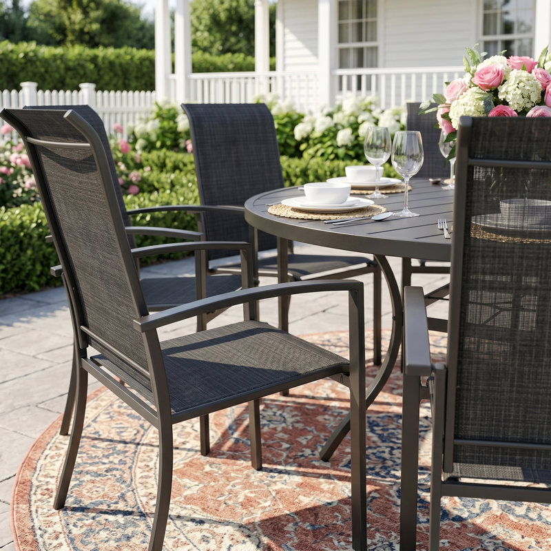 8-Person Round Patio Dining Set With Stackable Textilene Chairs, Black/Black