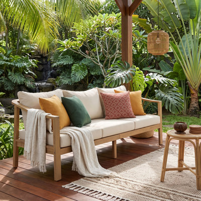 Canapé d'extérieur 77,95 po à 3 places en bois d'acacia, canapé de patio à dossier en lattes de bois, assise profonde de 26,38 po avec coussins épais, structure en teck clair, mobilier d'extérieur moderne pour porche, jardin