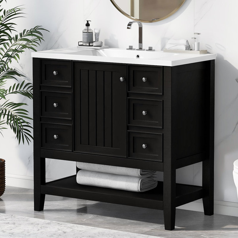 Meuble-lavabo 36 po avec lavabo en résine, Argent argent, Ensemble central de 4 po, Noir