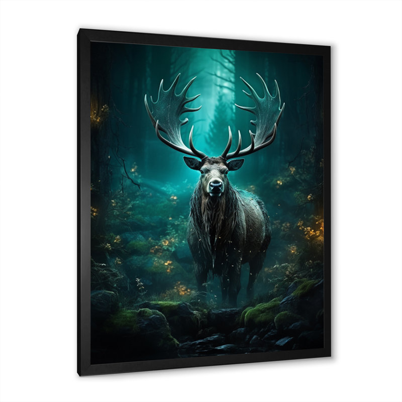 «Azhaar Teal Green Moose Enchanted Forest I», reproduction sur toile, Cadre photo noir, H 40 po x l 30 po x P 1,5 po
