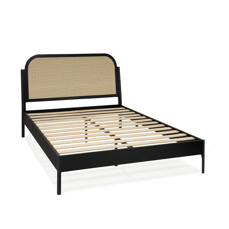Beiro Solid Wood Rattan Platform Bed with Headboard