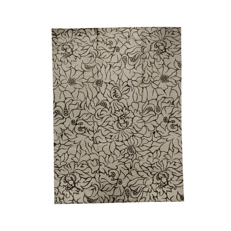 Tapis blanc et brun de haute qualité noué à la main, Rectangle 9 pi x 12 pi