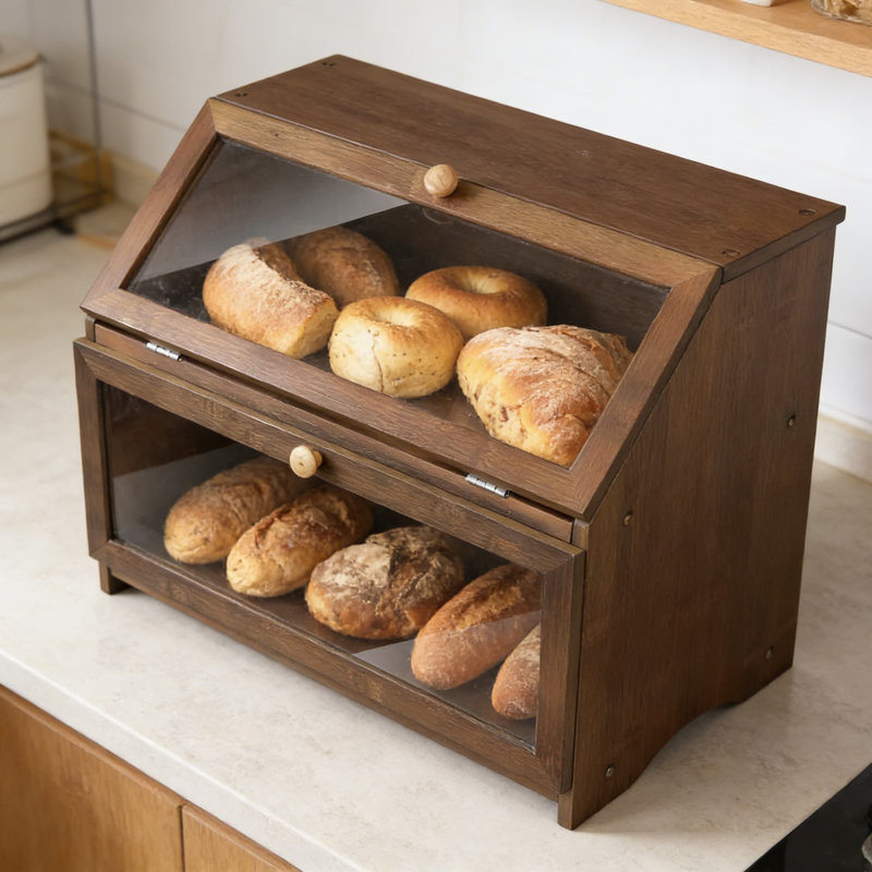 Boîte à pain à double couche pour comptoir de cuisine, bac de rangement de pain en bois de grande capacité avec fenêtre de vue, garde le pain frais pendant des jours, style maison de campagne rustique