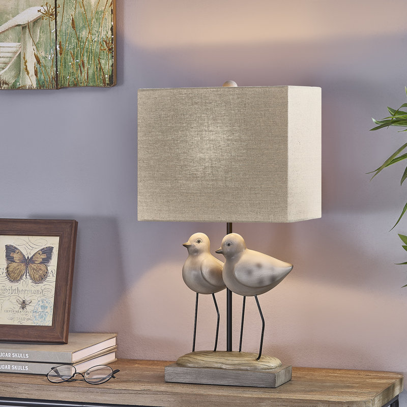 20" White Resin Birds Table Lamp With Shade, Gray/Black