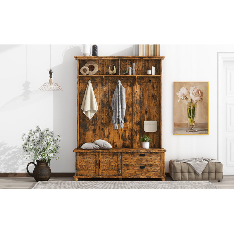 Channahon Modern Style Hall Tree with Storage Cabinet for Entryway Living Room Bedroom, Brown