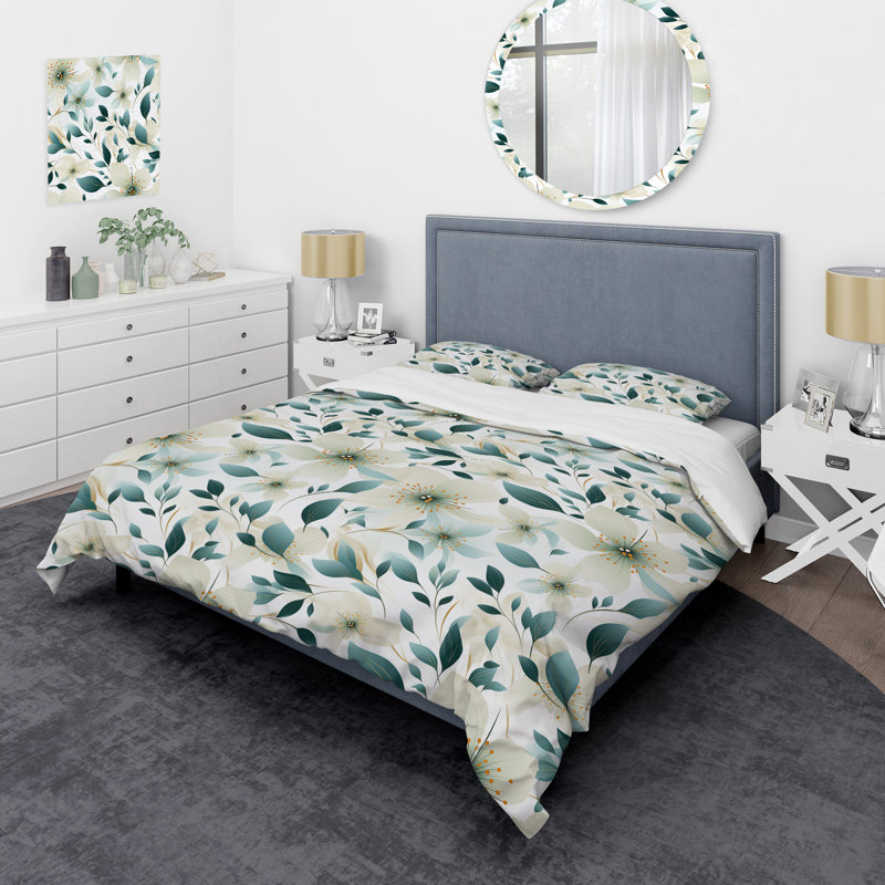 Ensemble de housse de couette floral sarcelle et ivoire Coastal Elegance, Housse de couette pour grand lit et 2 taies décor