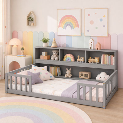 Full Size Solid Wood Kids Floor Platform Bed for Toddler Bed Transition with Fence,Bookcase,Shelves
