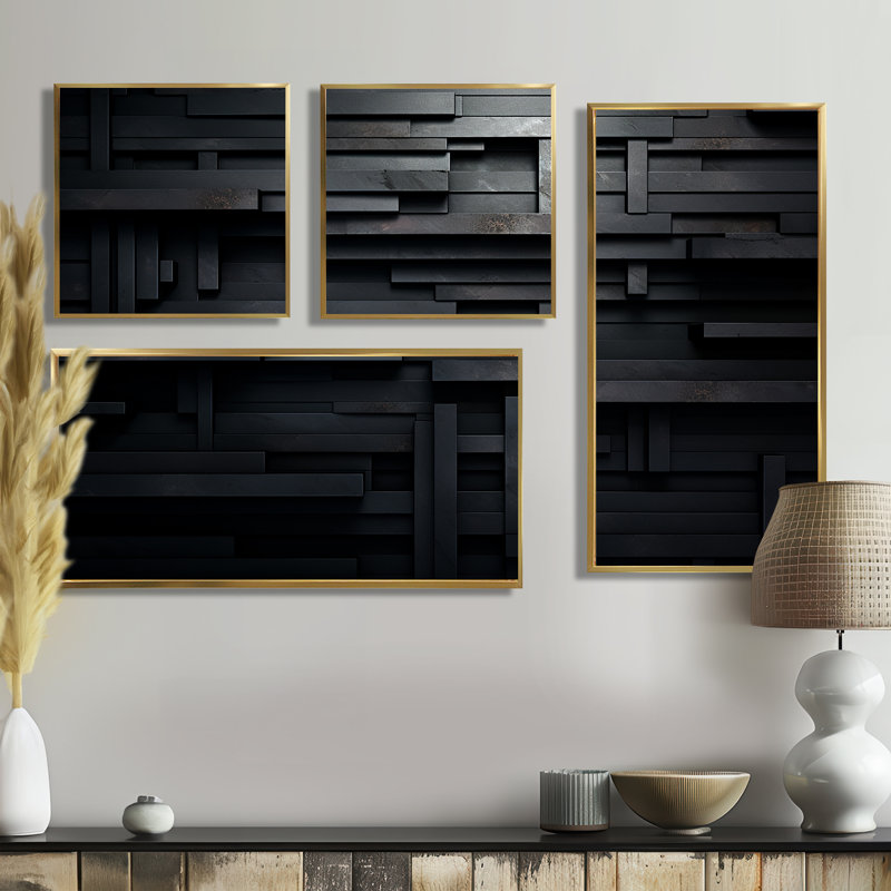 Cube 3D en briques noires 3D - Art mural géométrique abstrait 4 pièces, Toile tendue, Ne s’applique pas