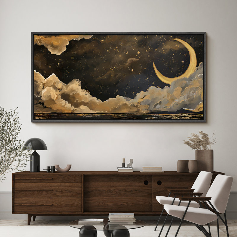 «Moody Yellow Crescent Moon Night Clouds Home Decor Extra Large», reproduction d'art sur toile encadrée, H 30 po x l 60 po