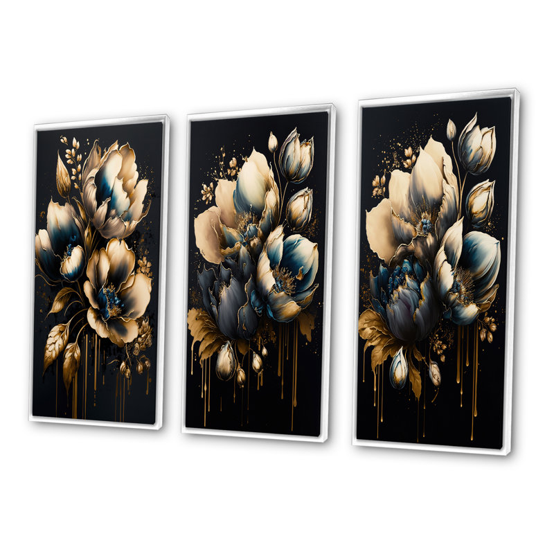 «Blue And Gold Tulips», 3 pièces sur toile, Blanc, H 20 po x l 36 po