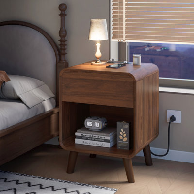 Angela Wood Nightstand Set of 2 with Charging Station, Bed Side Table Set of 2 with Charging Station, Round Corner Wood Night Stand, 15.7"D x 17.7"W x 24"H
