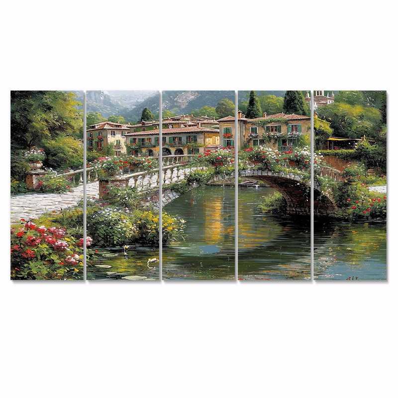 Ensemble de 5 pièces d'art mural Poetic Flower Bridge Over Calm Town River, H 28 po x l 60 po