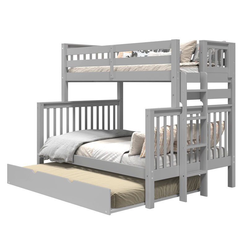 Treva Solid Wood Standard Bunk Beds Twin over Full, 4 Step Ladder, Full Trundle, Gray, Gray, Twin Over Full with Full Trundle