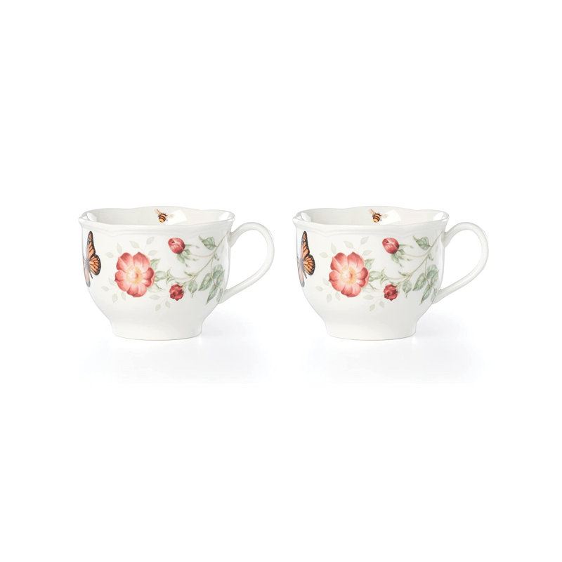 White Ceramic Butterfly Floral Latte Mug Set, 2-Piece