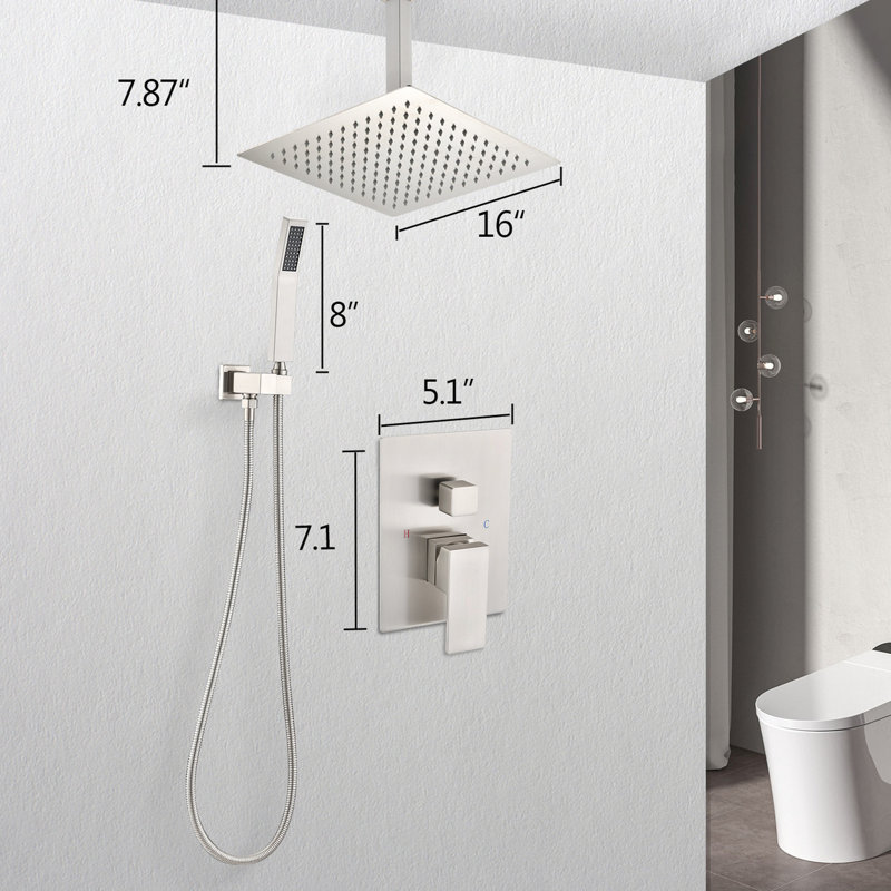 Ceiling Mounted Shower System - 16" Head, Handheld, Brushed Nickel, Brass Nickel Material