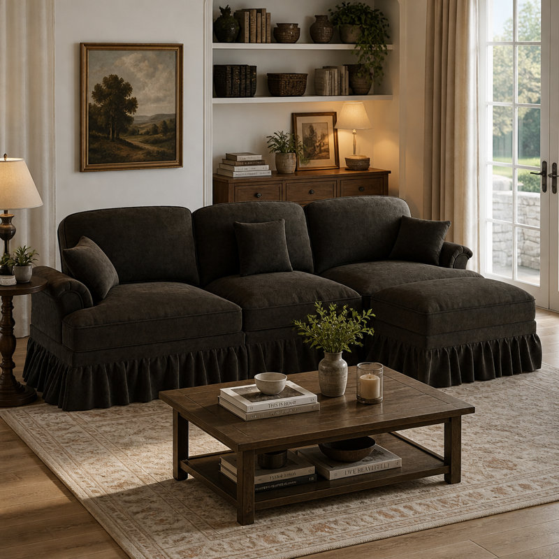 Canapé modulaire en L brun avec repose-pieds mobile et jupes amovibles en forme de L