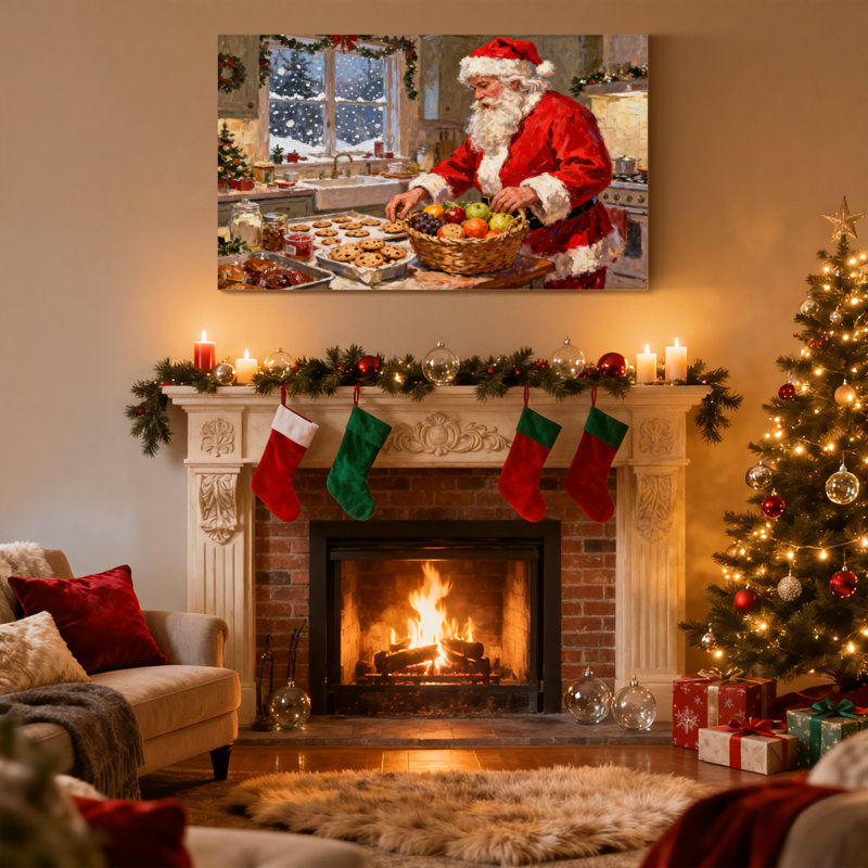 Ensemble de 3 reproductions d'art sur toile, "Christmas Santa Bakes Cookies In Kitchen With Fruit", H 20 po x l 30 po