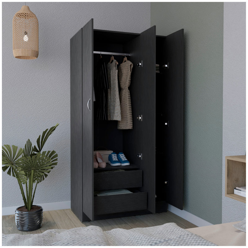 Armoire Ohio avec 3 portes, 2 tiroirs et 4 tablettes à 4 niveaux, Noir
