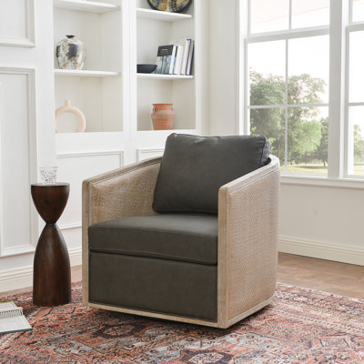  Genuine Leather Oak Wood Cane Swivel Barrel Chair