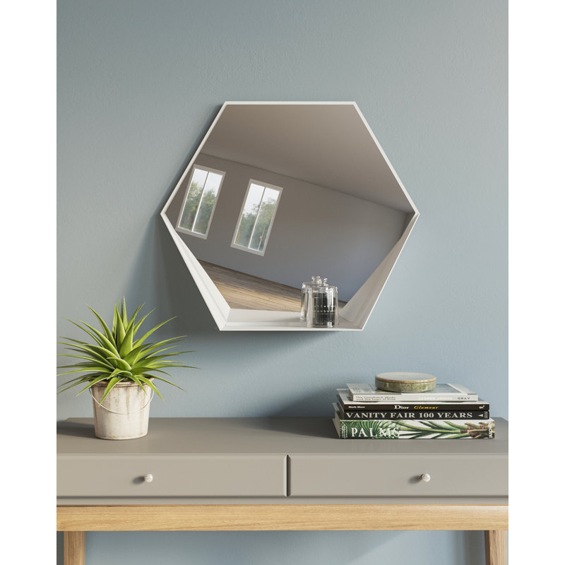 Metal Flat Wall Mirror with Shelves, White